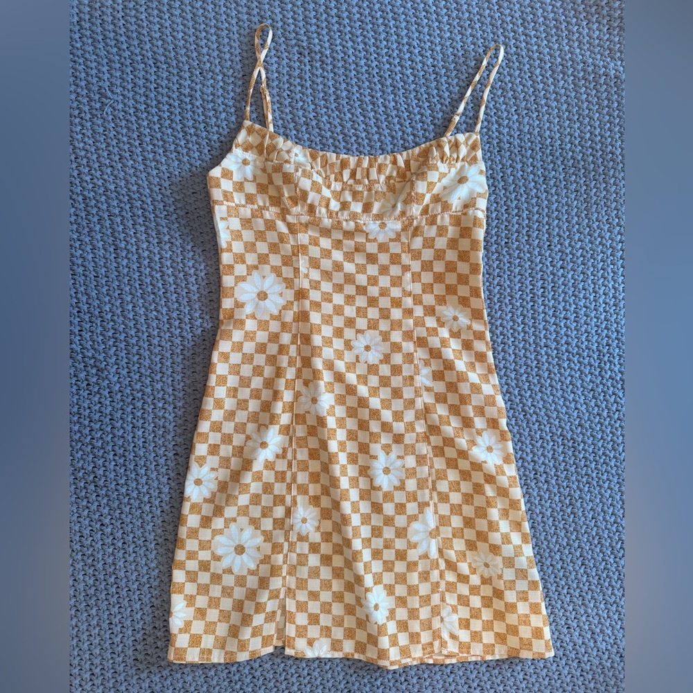 Urban Outfitters Orange and Cream Checkered Mini Dress With Zipper and Slit XS